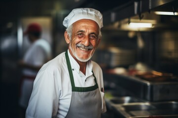 Smiling portrait of a senior Italian chef working in kitchen
