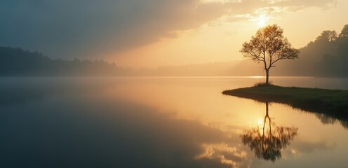 Fototapeta premium A lone tree is reflected in the water of a lake
