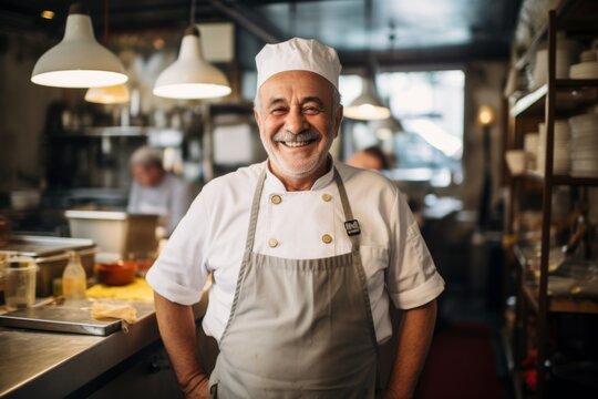 Smiling portrait of a senior Italian chef working in kitchen