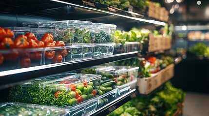 Futuristic Eco Friendly Grocery Store Display with Transparent Biodegradable Produce Packaging