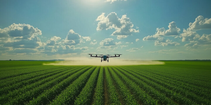 Dron agr&iacute;cola profesional fumiga plantaci&oacute;n a baja altura con tecnolog&iacute;a moderna 
