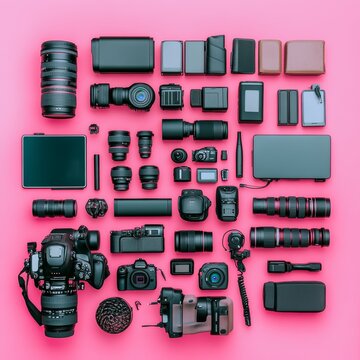 A professional photographer's modern gear, including a laptop, is shown on a bright background.