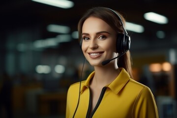 Portrait of a smiling female worker in call center