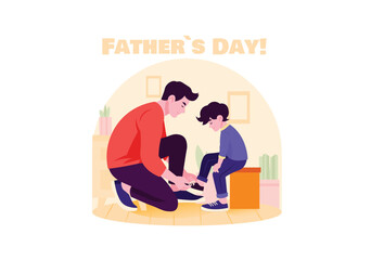 A father is helping his son tie his shoes, showcasing love and care in a vibrant interior. Vector illustration