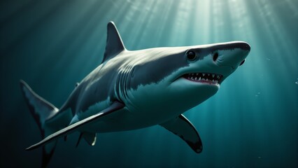 Fototapeta premium A great white shark swimming in the ocean with its mouth open