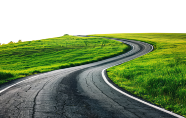 Asphalt road curving through a lush green landscape on a transparent background.