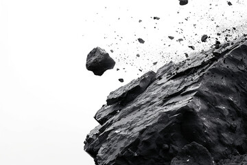 Rock stone white background fall black falling space. A large rock with a lot of debris on it. power of nature and its unpredictability.