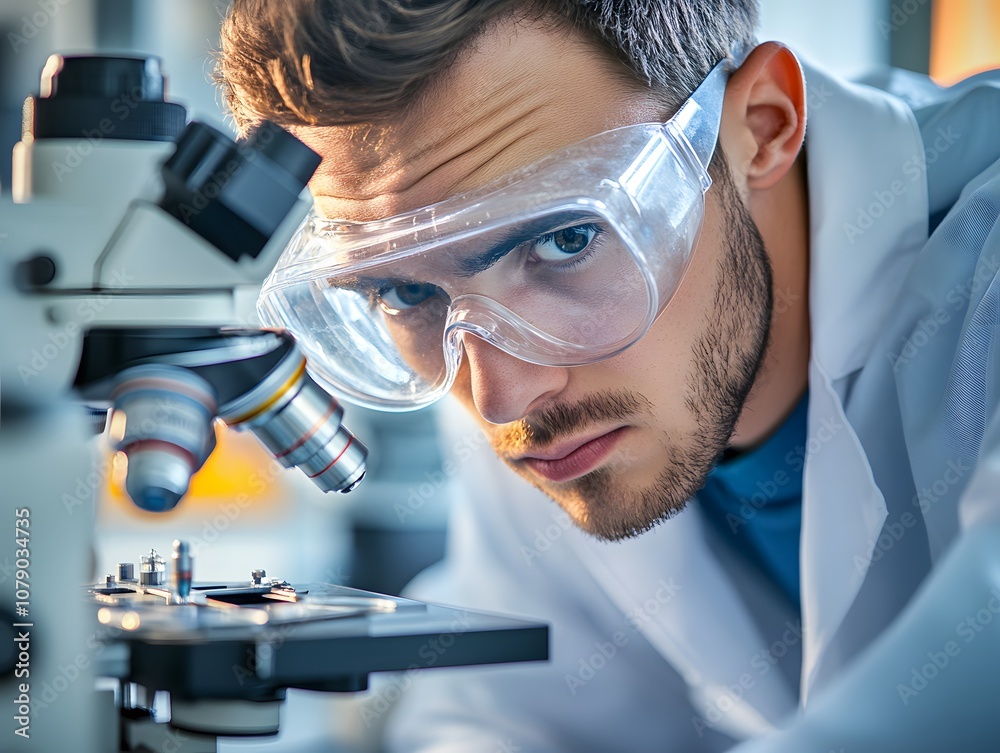 Poster focused male scientist analyzing sample under microscope in laboratory environment with protective g