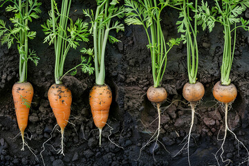 A row of carrots with their roots sticking out of the ground. The carrots are of different sizes and are all green
