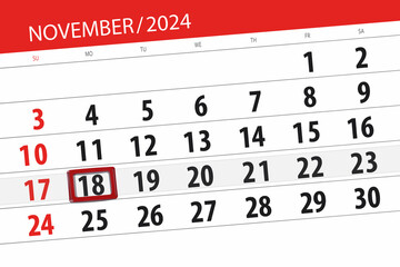 Calendar 2024, deadline, day, month, page, organizer, date, November, monday, number 18