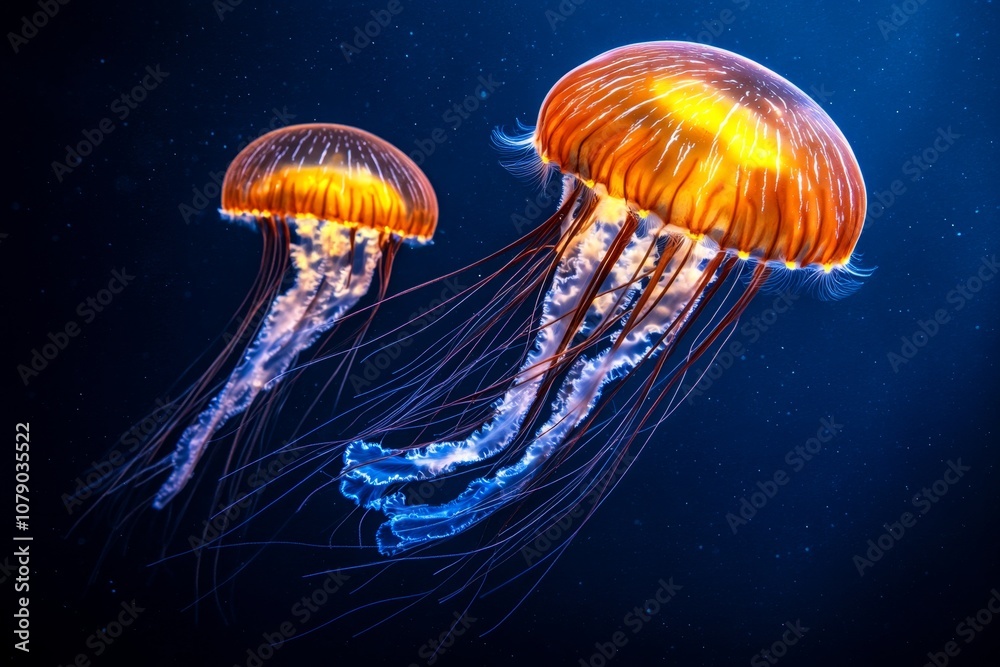 Aufkleber jellyfish floating gracefully in a deep blue ocean, with light creating a glow around them