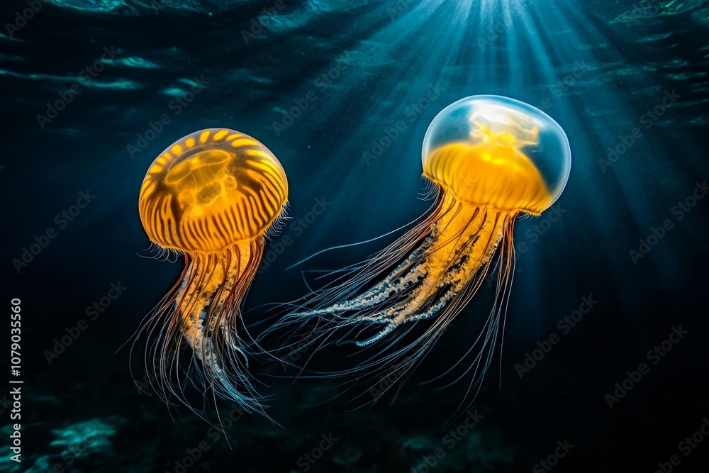 Poster Jellyfish floating gracefully in a deep blue ocean, with light creating a glow around them