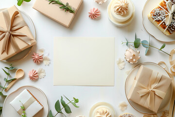 On a light wooden background there are festive gifts in brown and white paper, tied with ribbons. In the center of the composition lies an empty card. Mockup card birthday wedding background.
