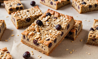 A close-up of blueberry oat bars on a white surface, perfect for a sweet treat