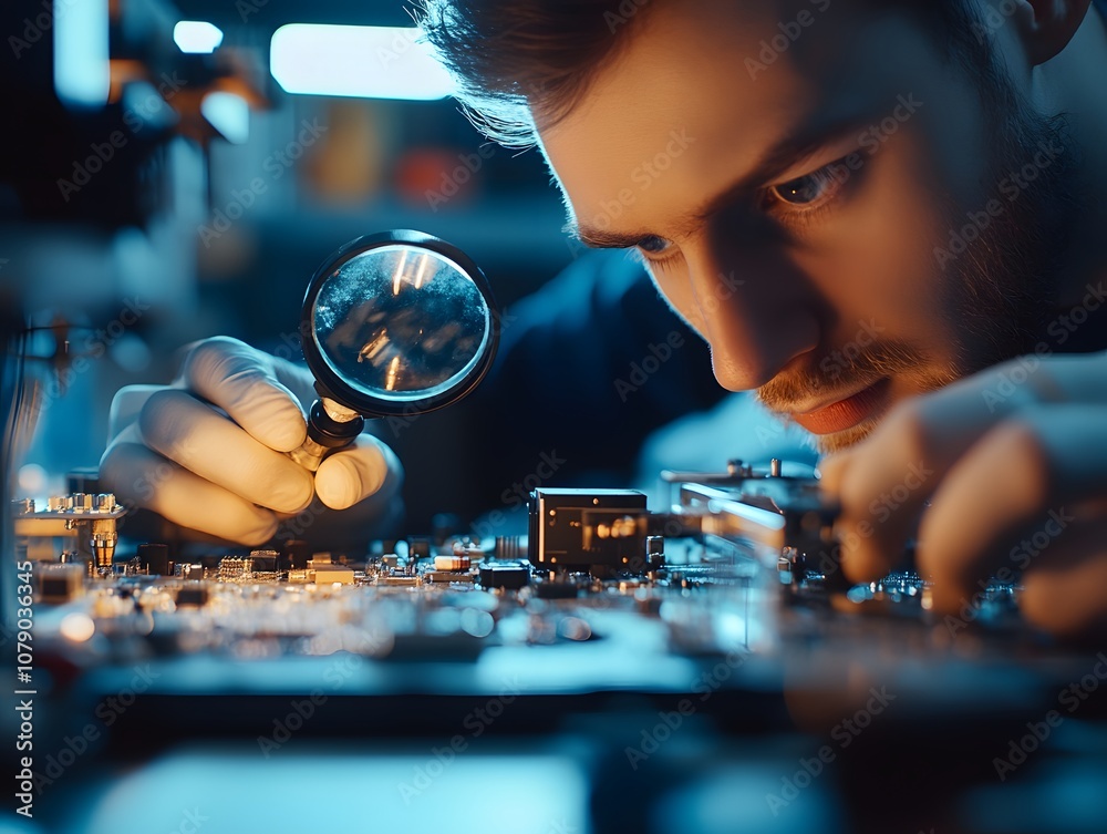 Poster focused technician inspecting circuit board with magnifying glass in a dimly lit laboratory, highlig