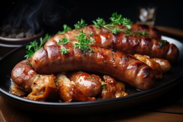 Close up of bratwurst served on plate