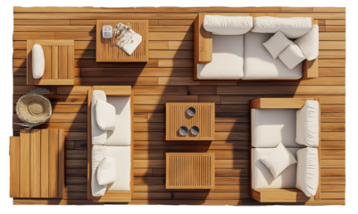 Top View of Wooden Luxury Living Room Set, Ideal for Illustrations and Architectural Renderings in Premium Home Design
