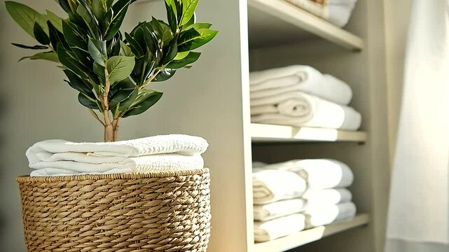 A bright, airy closet space where woven baskets hold folded linens, clothes are neatly stacked, and a small potted plant brings an organic feel to the structured arrangement, symbo