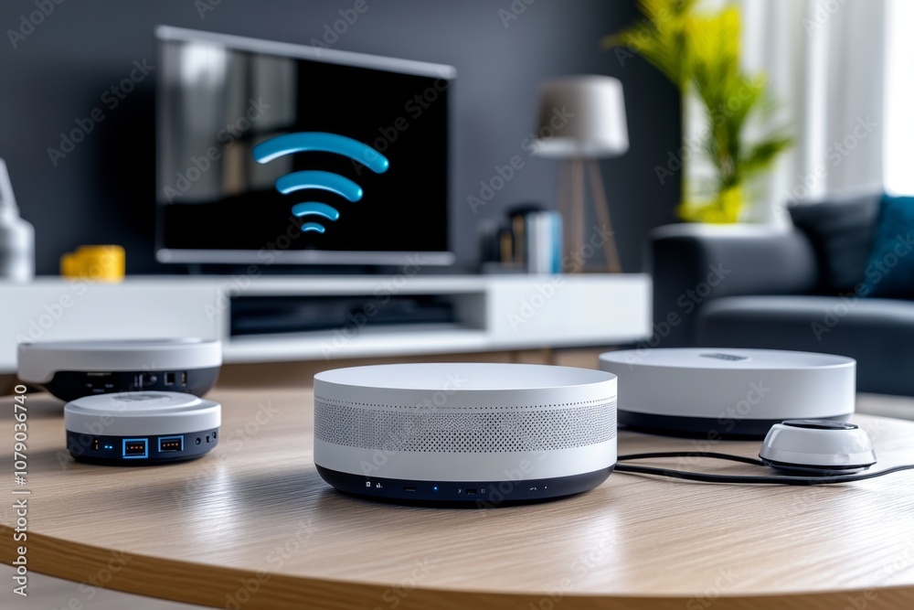 Poster multiple devices connected via wi-fi, showing a cohesive network in a modern home environment