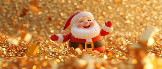 A cartoonish santa standing in a pile of gold coins