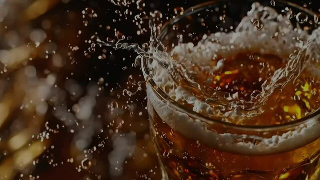 Closeup of beer splashing in a glass with a dark background.