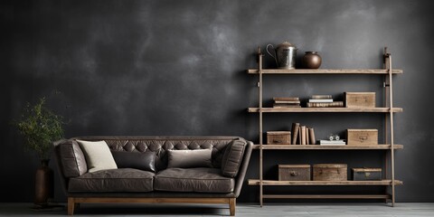 A living room with a brown couch and a wooden bookshelf