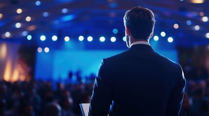 Business professional delivering a speech at a conference, illuminated by stage lights, with an engaged audience in the background at a corporate event