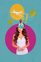 Composite trend artwork 3D sketch image photo collage of young woman caricature half head mind think globe earth planet light speech cloud