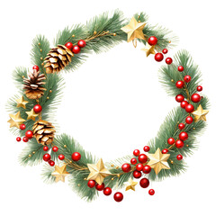 Christmas pine cone wreath with red berries and gold stars on transparent background
