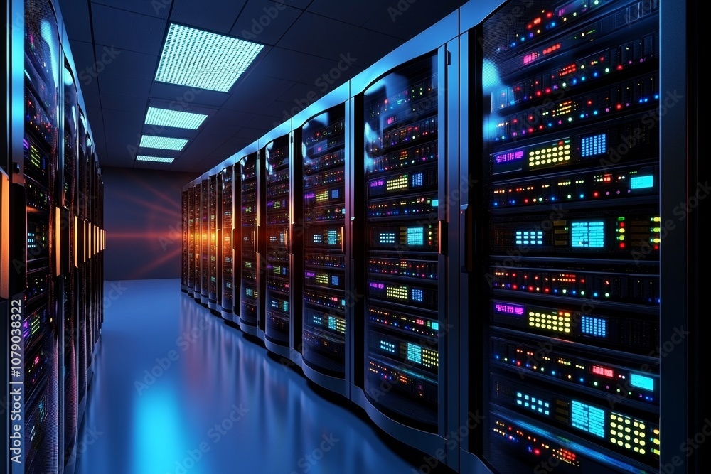 Poster Realistic image of a server room with rows of network servers and LED lights blinking, representing data flow