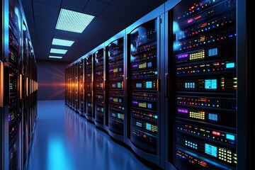 Realistic image of a server room with rows of network servers and LED lights blinking, representing data flow