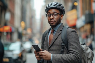 Businessman wearing cycling helmet using smartphone in city
