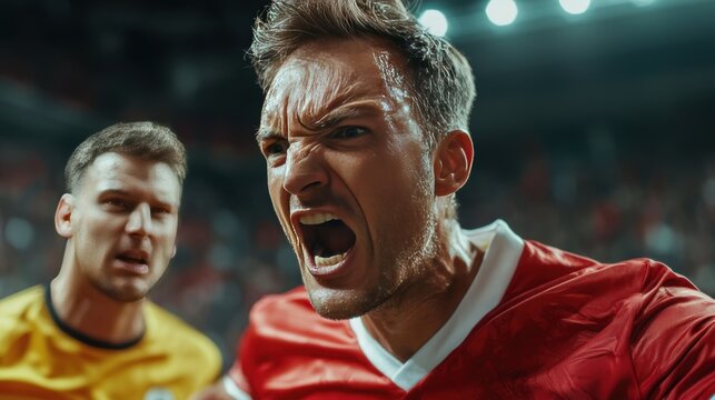 Intense Soccer Player Celebrating a Goal with Passionate Expression in a Competitive Match, Showcasing Emotion, Excitement, and Team Spirit in a Stadium Full of Fans