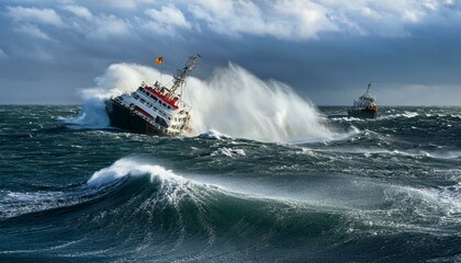 태풍으로 인해 흔들리는 배와 거센 파도