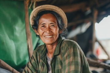 Obraz premium Portrait of a smiling middle aged Asian farmer in stable