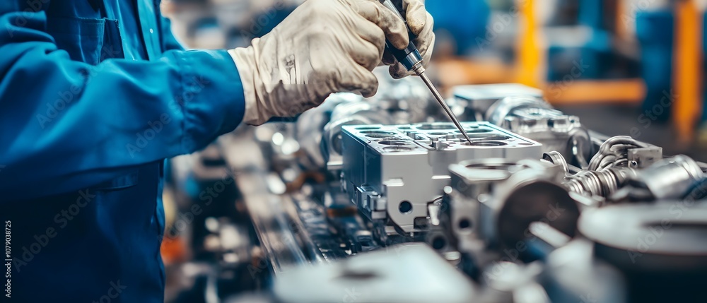 Fototapete Skilled Technician Assembling Engine Components with Precision Tools in a Modern Factory Setting for Automotive Repair and Manufacturing Processes