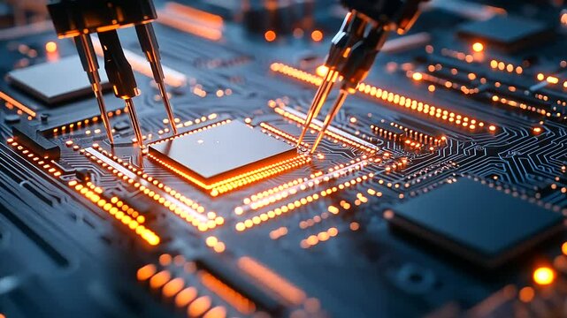 A close-up of robotic arms delicately placing microchips onto circuit boards, with precision machinery humming in the background, symbolizing the high-tech world of semiconductor m