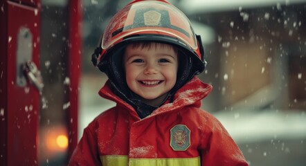 Young Boy in Firefighter Costume Smiling, Dreaming of a Future Job as a Lifeguard