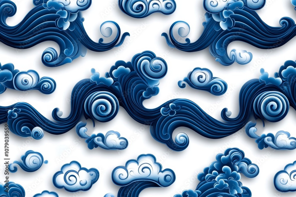 Poster Simple blue wave pattern on a white background, creating a peaceful and minimalist design