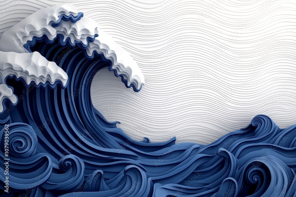 Poster Simple blue wave pattern on a white background, creating a peaceful and minimalist design