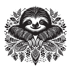 Sloth in bohemian black and white  silhouette vector on white background