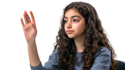 Young girl with curly hair raises her hand.