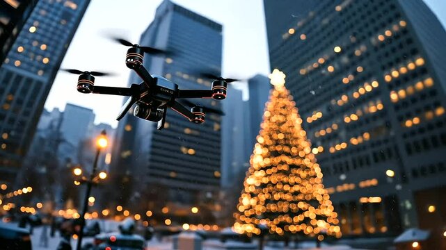 A drone with a glittering gift descends into a snowy city filled with twinkling lights, heading toward a grand, illuminated Christmas tree that stands as the centerpiece of the hol