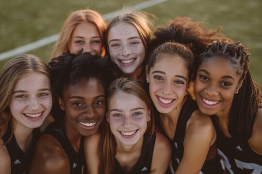 High school cheerleader team smiling on a football field during game