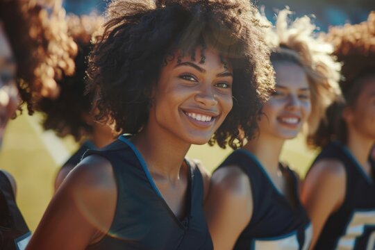 High school cheerleader team smiling on a football field during game
