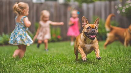 Playful Dog in a Backyard with Children Running and Having Fun on a Sunny Day, Capturing the Joy of Pets and Family Time Outdoors