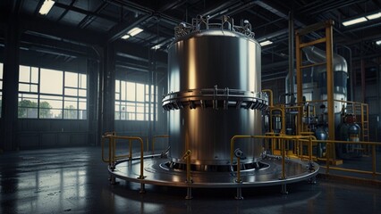 Modern industrial facility with a large stainless steel vessel during daytime. Generative AI