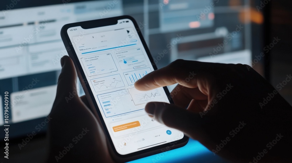 Aufkleber User Interacting with Mobile Application Showing Data Analytics on Smartphone Screen while Visualizing Data Charts on Background Display
