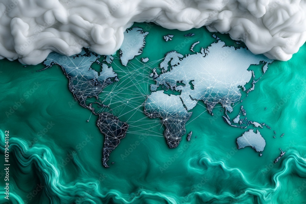 Poster Watercolor of a global network map with lines connecting continents, using soft blues and greens