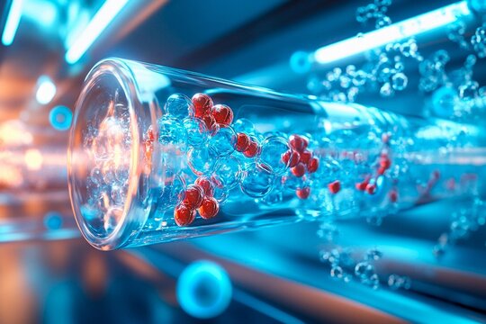 Imagining molecular interactions within a futuristic glass structure. Generative AI